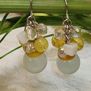 Elegant Silver Toned, Yellow and White Cluster Beaded Hook Dangle Earrings